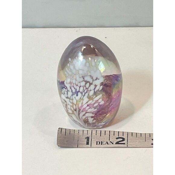 Glass Eye Studio GES Paperweight Iridescent Egg Shaped Pink White Signed Dated - Picture 8 of 9